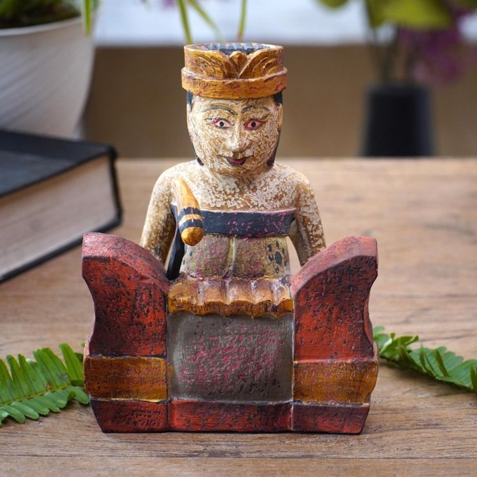 Hand-Painted Albesia Wood Statuette 'Melodic Gangsa'