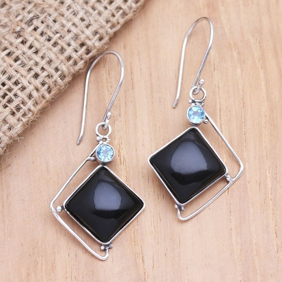Handmade Blue Topaz Buffalo Horn Silver Dangle Earrings 'Ice Storm'