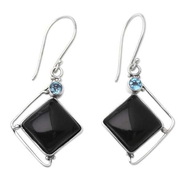 Alternate image for Handmade Blue Topaz Buffalo Horn Silver Dangle Earrings Ice Storm