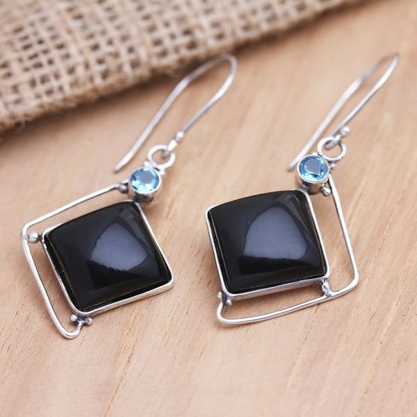 Alternate image for Handmade Blue Topaz Buffalo Horn Silver Dangle Earrings Ice Storm