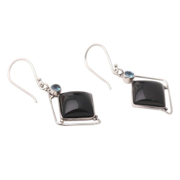 Alternate image for Handmade Blue Topaz Buffalo Horn Silver Dangle Earrings Ice Storm