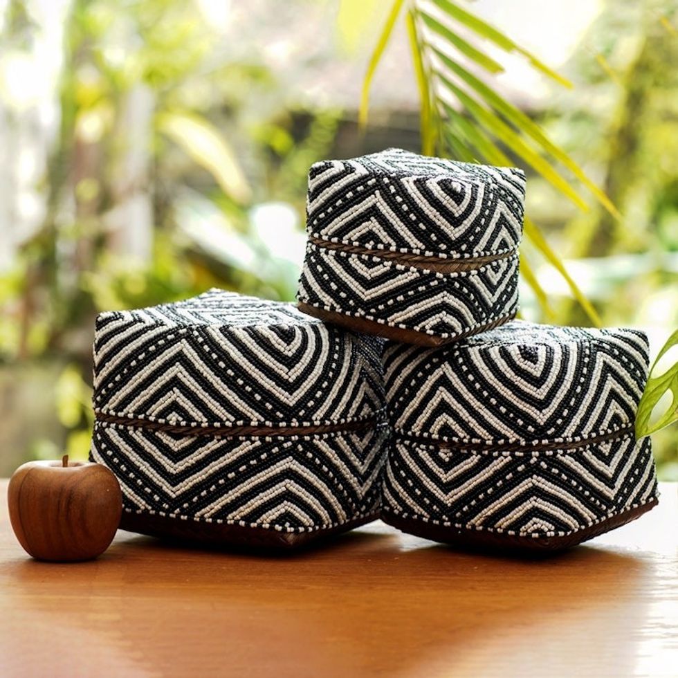Embellished Decorative Bamboo Boxes Set of 3 'Diamond Trance'