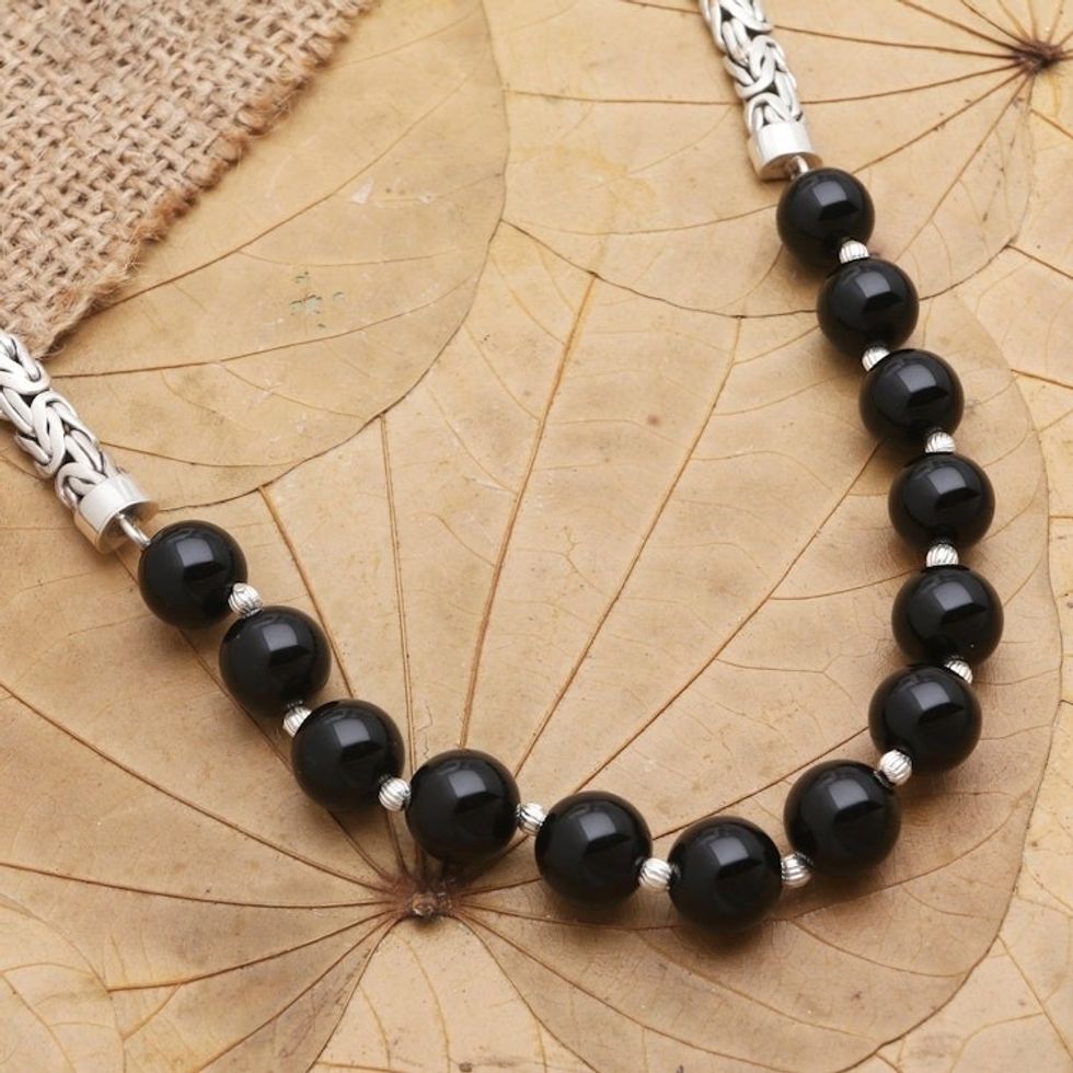 Sterling Silver and Onyx Beaded Pendant Necklace 'Dark Journey'
