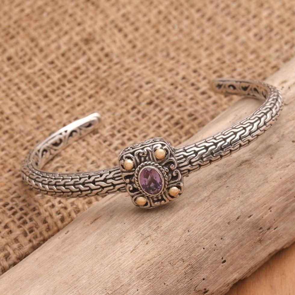Handmade Gold-Accented and Amethyst Cuff Bracelet 'Spellbound Silver'