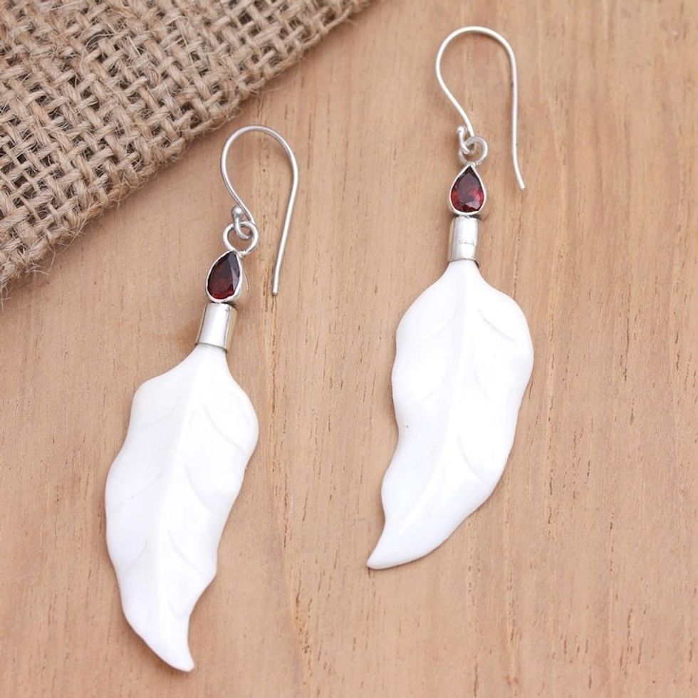 Sterling Silver and Garnet Leaf-Motif Earrings 'Pale Leaves'