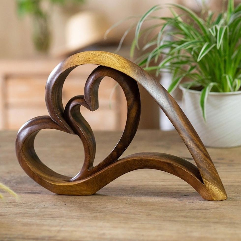 Handmade Suar Wood Statuette with Heart Motif 'Layered Love'