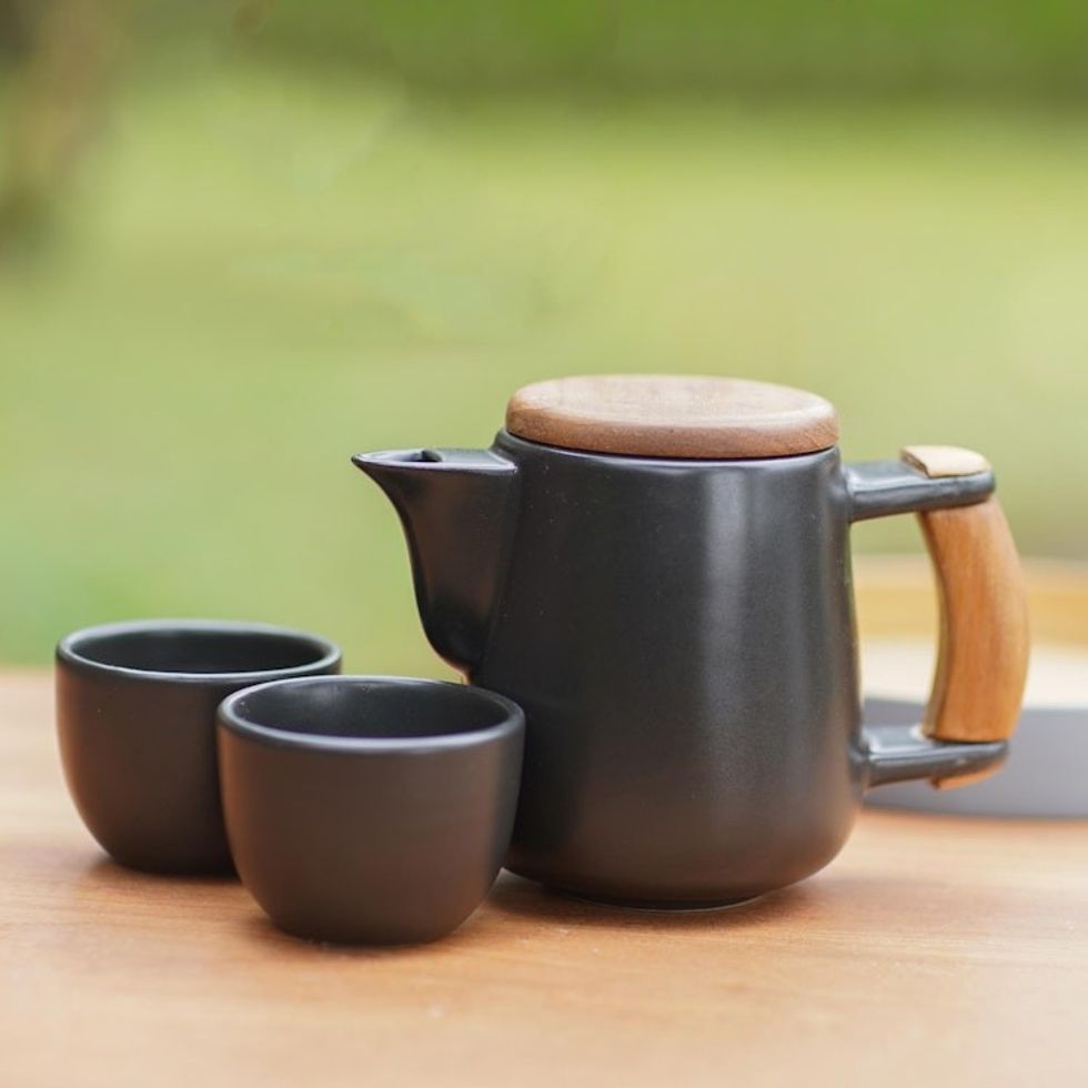 Black Ceramic and Teak Wood Tea Set Set for 2 'Midday Tea in Black'