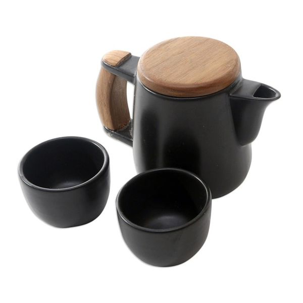 Alternate image for Black Ceramic and Teak Wood Tea Set Set for 2 Midday Tea in Black