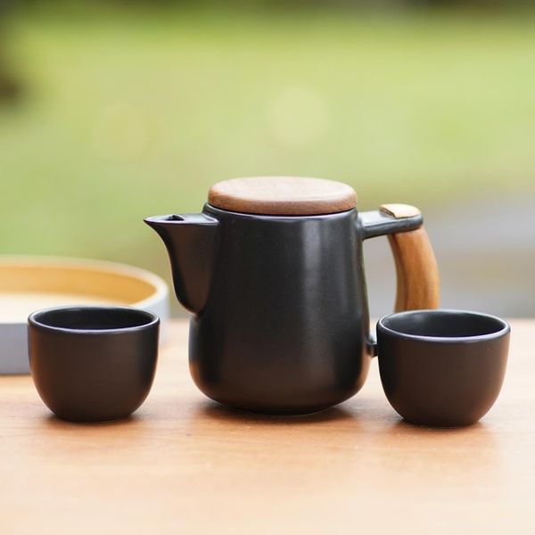 Alternate image for Black Ceramic and Teak Wood Tea Set Set for 2 Midday Tea in Black