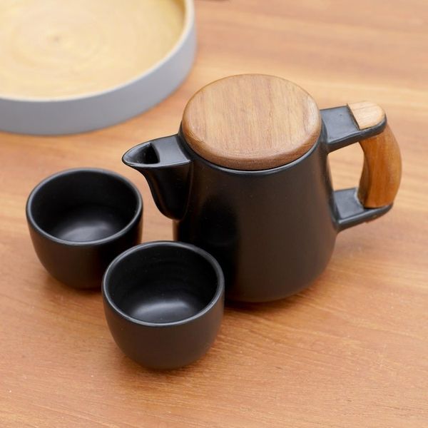 Alternate image for Black Ceramic and Teak Wood Tea Set Set for 2 Midday Tea in Black