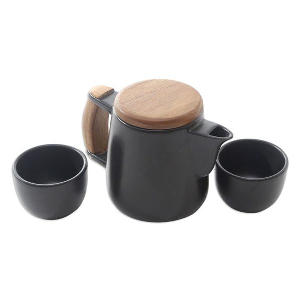 Alternate image for Black Ceramic and Teak Wood Tea Set Set for 2 Midday Tea in Black