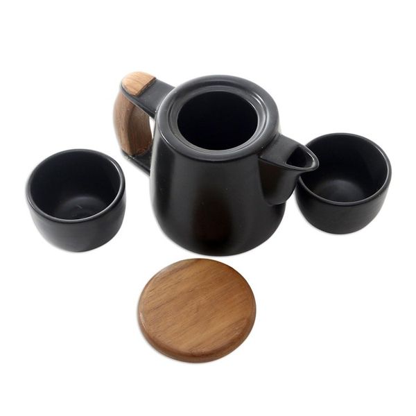 Alternate image for Black Ceramic and Teak Wood Tea Set Set for 2 Midday Tea in Black