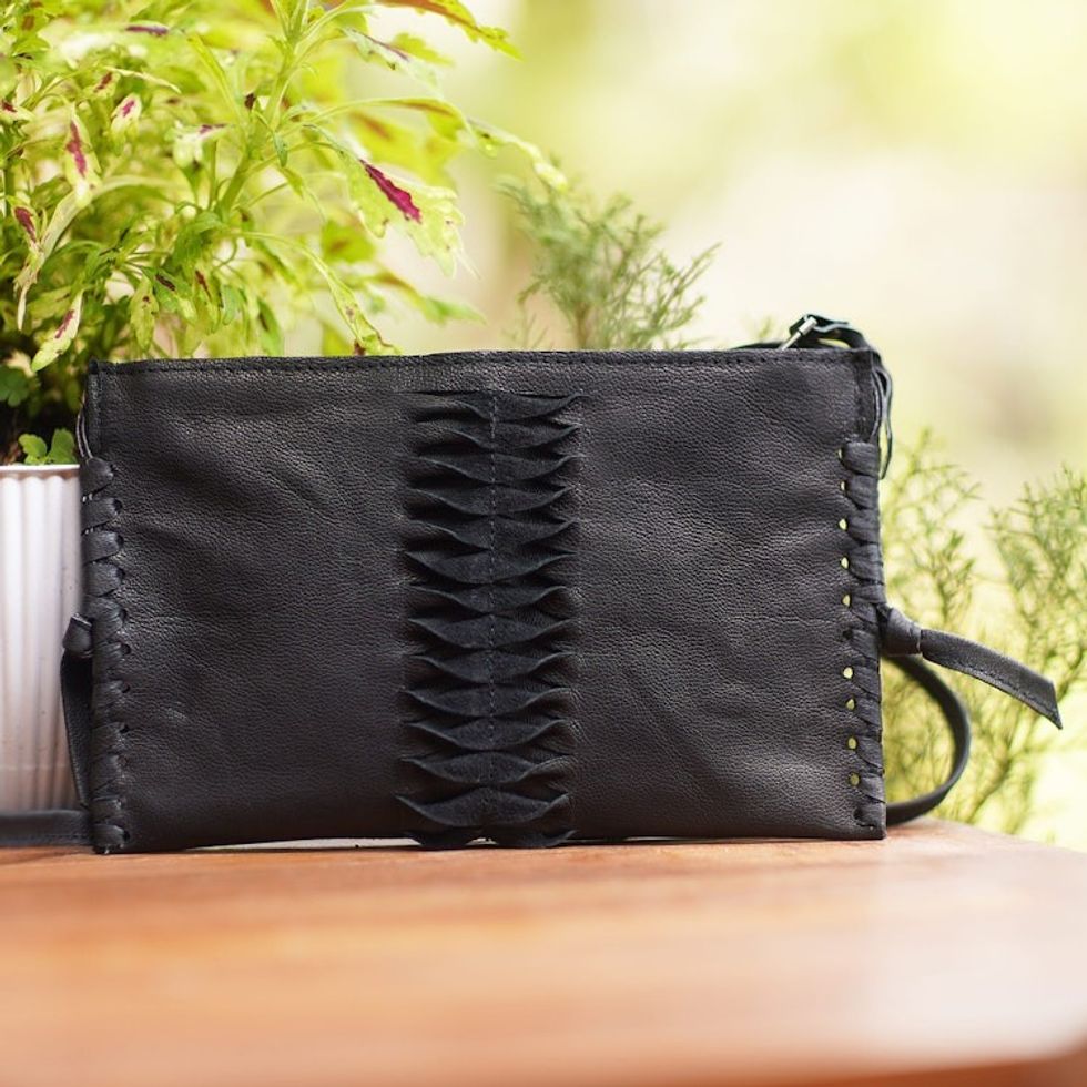 Hand-Cut Leather Sling Bag from Bali 'Dark Center'