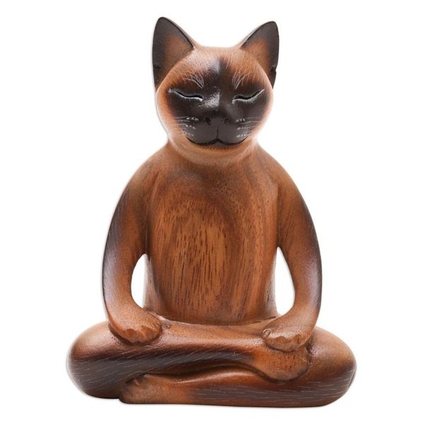 Alternate image for Handcrafted Suar Wood Cat Statuette Peaceful Cat