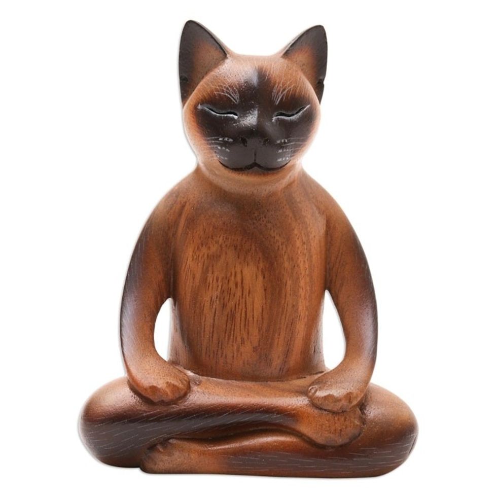 Handcrafted Suar Wood Cat Statuette 'Peaceful Cat'