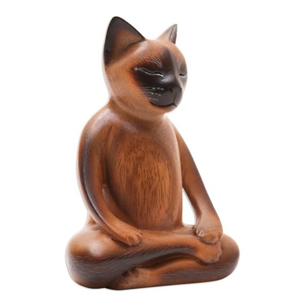 Alternate image for Handcrafted Suar Wood Cat Statuette Peaceful Cat