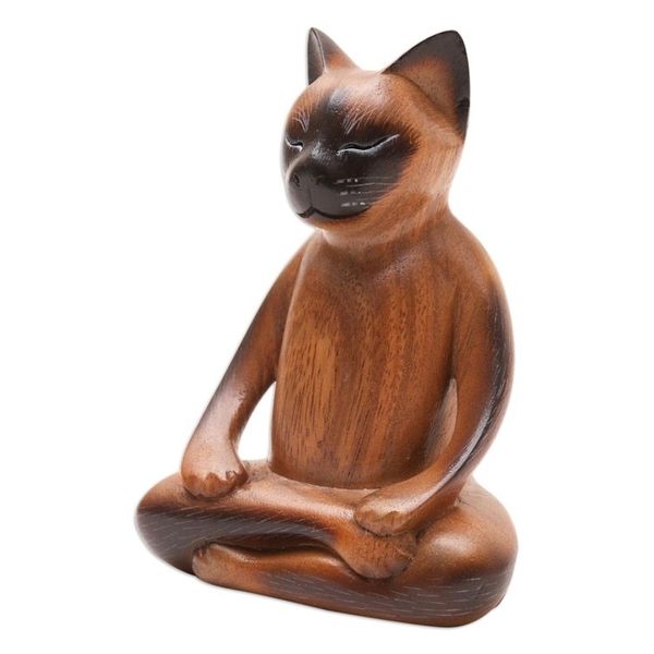 Alternate image for Handcrafted Suar Wood Cat Statuette Peaceful Cat