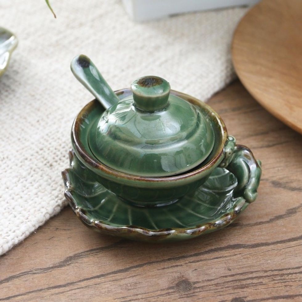 Handmade Green Ceramic Condiment Set from Bali 3 Pcs 'Rain Frog'