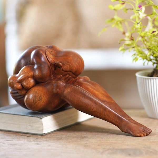 Alternate image for Artisan Crafted Suar Wood Figure Sculpture Unknown Sorrow
