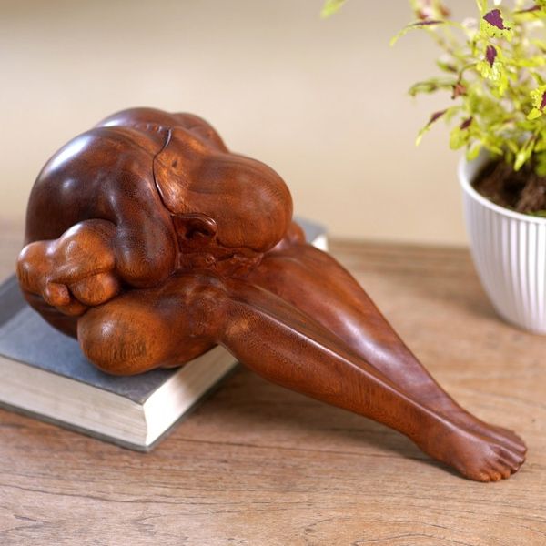 Alternate image for Artisan Crafted Suar Wood Figure Sculpture Unknown Sorrow