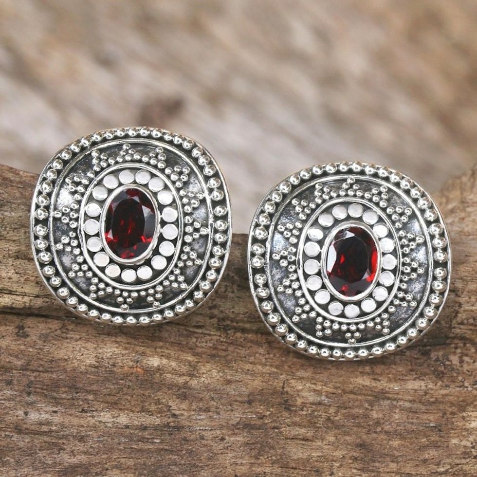Garnet and Sterling Silver Button Earrings 'Dwarf Sunflower in Red'