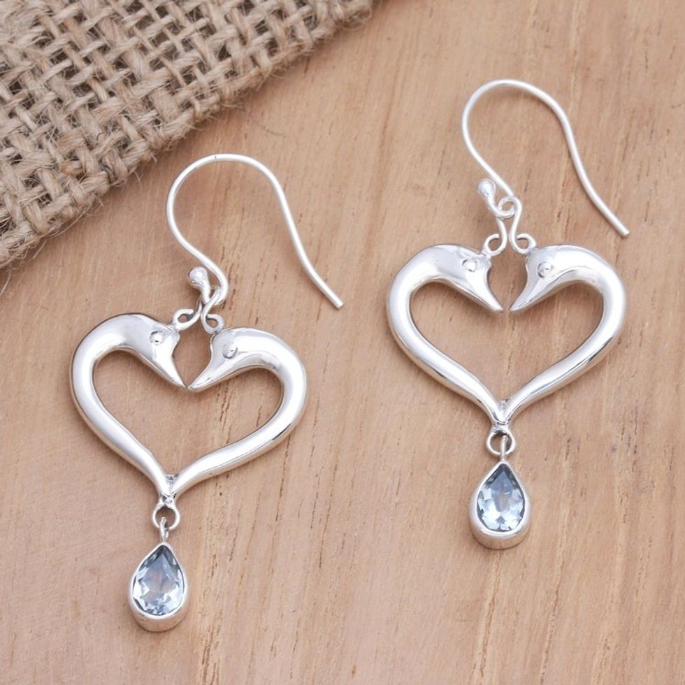 Blue Topaz Dolphin-Motif Dangle Earrings 'Young Romance'