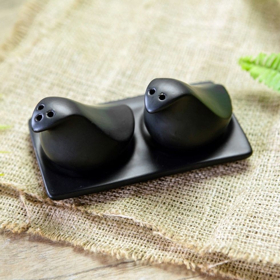 Bird-Shaped Black Ceramic Salt and Pepper Set 3 Pieces 'Sprinkled Spice at Night'