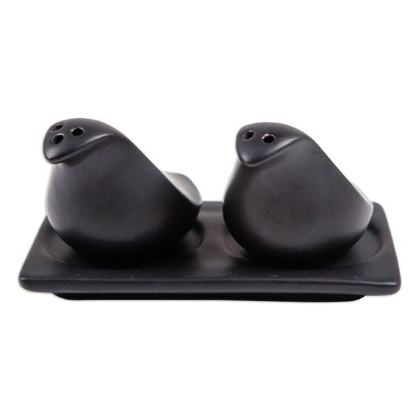 Alternate image for Bird-Shaped Black Ceramic Salt and Pepper Set 3 Pieces Sprinkled Spice at Night
