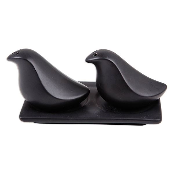 Alternate image for Bird-Shaped Black Ceramic Salt and Pepper Set 3 Pieces Sprinkled Spice at Night