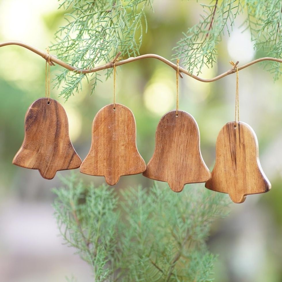 Balinese Hand Carved Christmas Ornaments Set of 4 'Simple Bells'