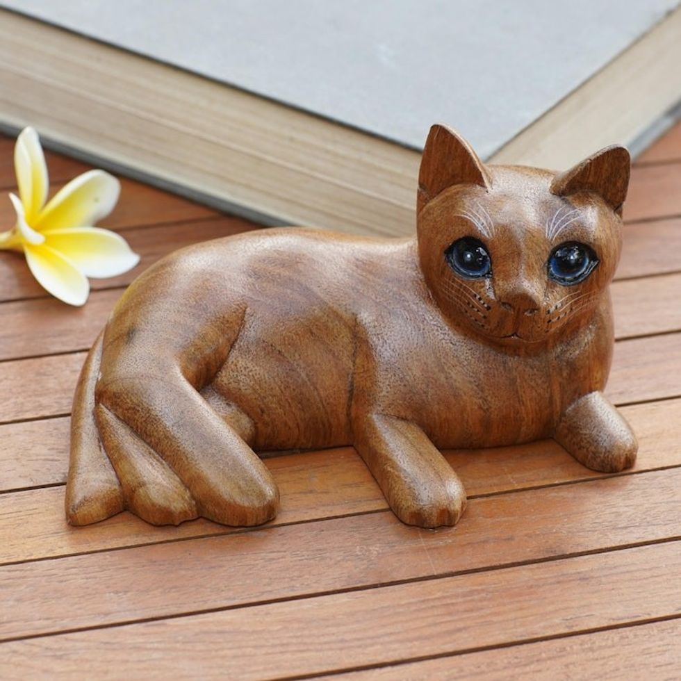 Handmade Suar Wood Cat Statuette from Bali 'Feline Friend in Brown'