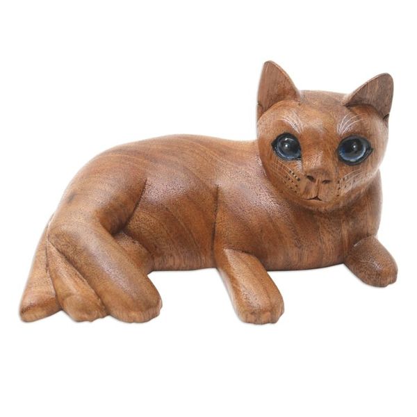 Alternate image for Handmade Suar Wood Cat Statuette from Bali Feline Friend in Brown