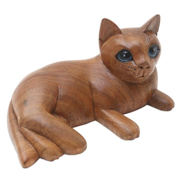 Alternate image for Handmade Suar Wood Cat Statuette from Bali Feline Friend in Brown