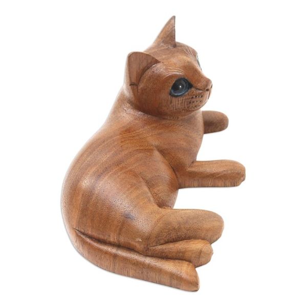 Alternate image for Handmade Suar Wood Cat Statuette from Bali Feline Friend in Brown