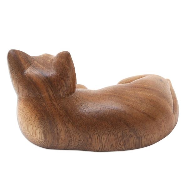 Alternate image for Handmade Suar Wood Cat Statuette from Bali Feline Friend in Brown