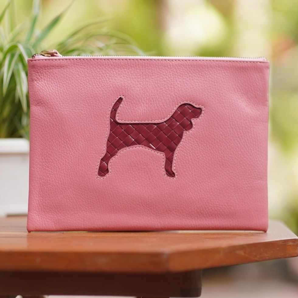 Hand Crafted Dog-Themed Leather Clutch 'Dog's Life in Pink'