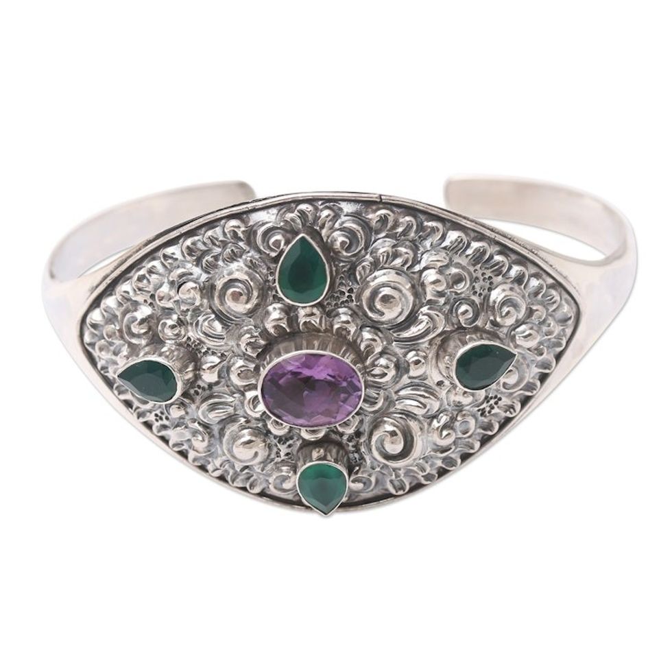 Green Quartz and Amethyst Cuff Bracelet from Bali 'Elephant Cave in Forest'
