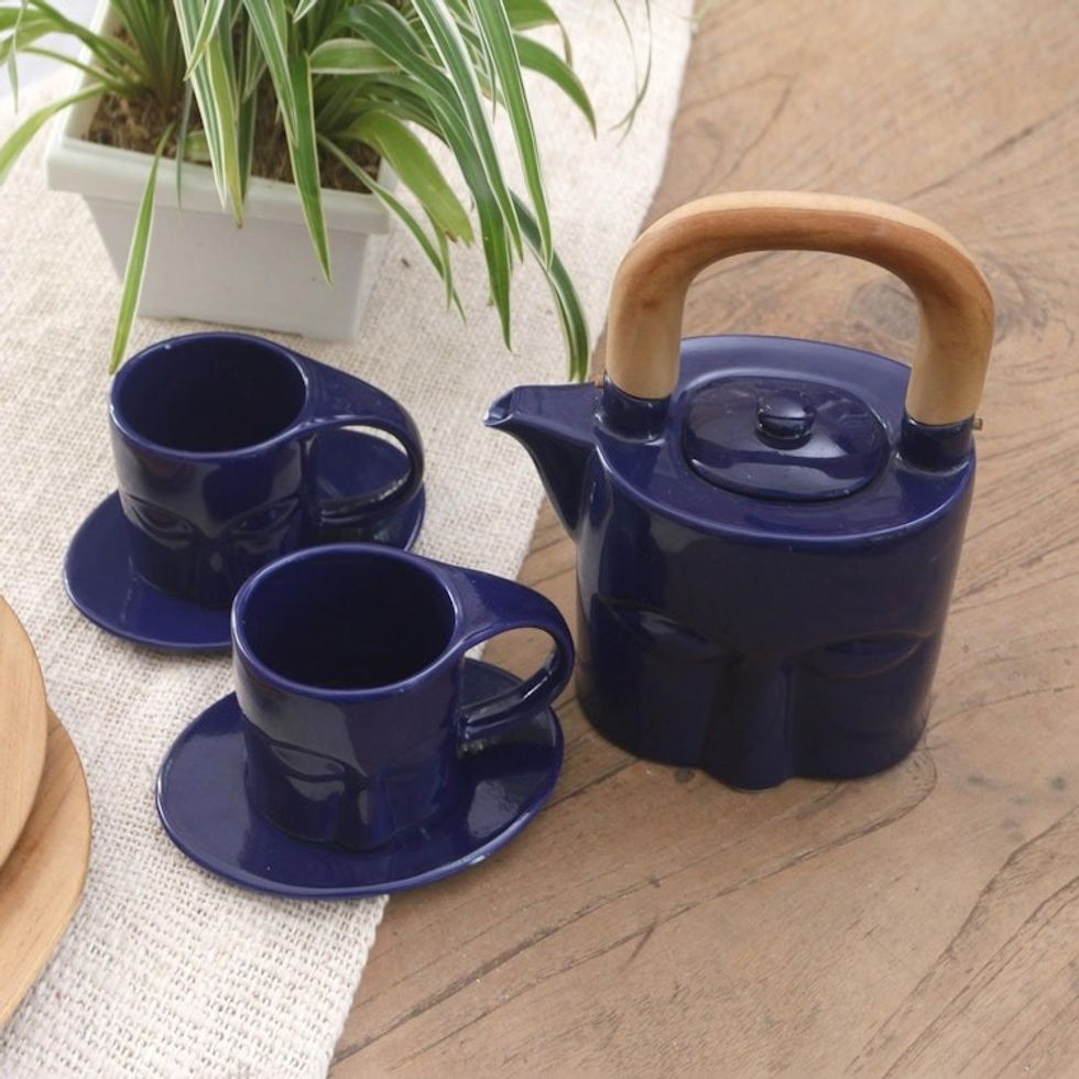 Blue Ceramic Tea Set with Teak Wood Handle 5 Pcs 'Buddha's Gaze'