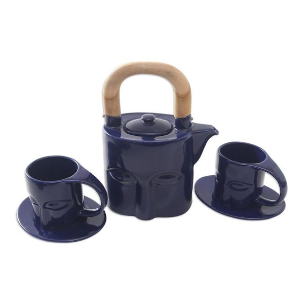 Alternate image for Blue Ceramic Tea Set with Teak Wood Handle 5 Pcs Buddhas Gaze