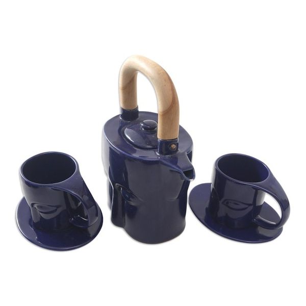 Alternate image for Blue Ceramic Tea Set with Teak Wood Handle 5 Pcs Buddhas Gaze