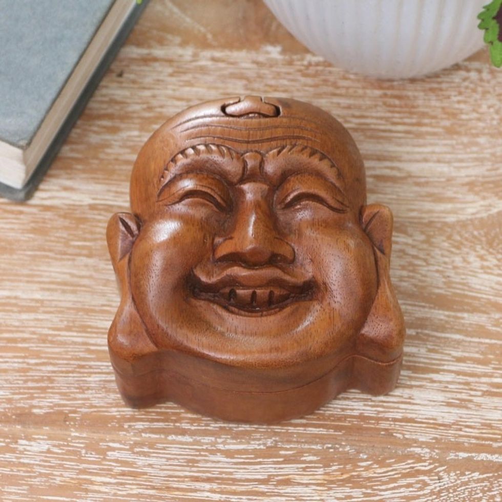 Hand Made Suar Wood Puzzle Box 'Laughing Buddha'
