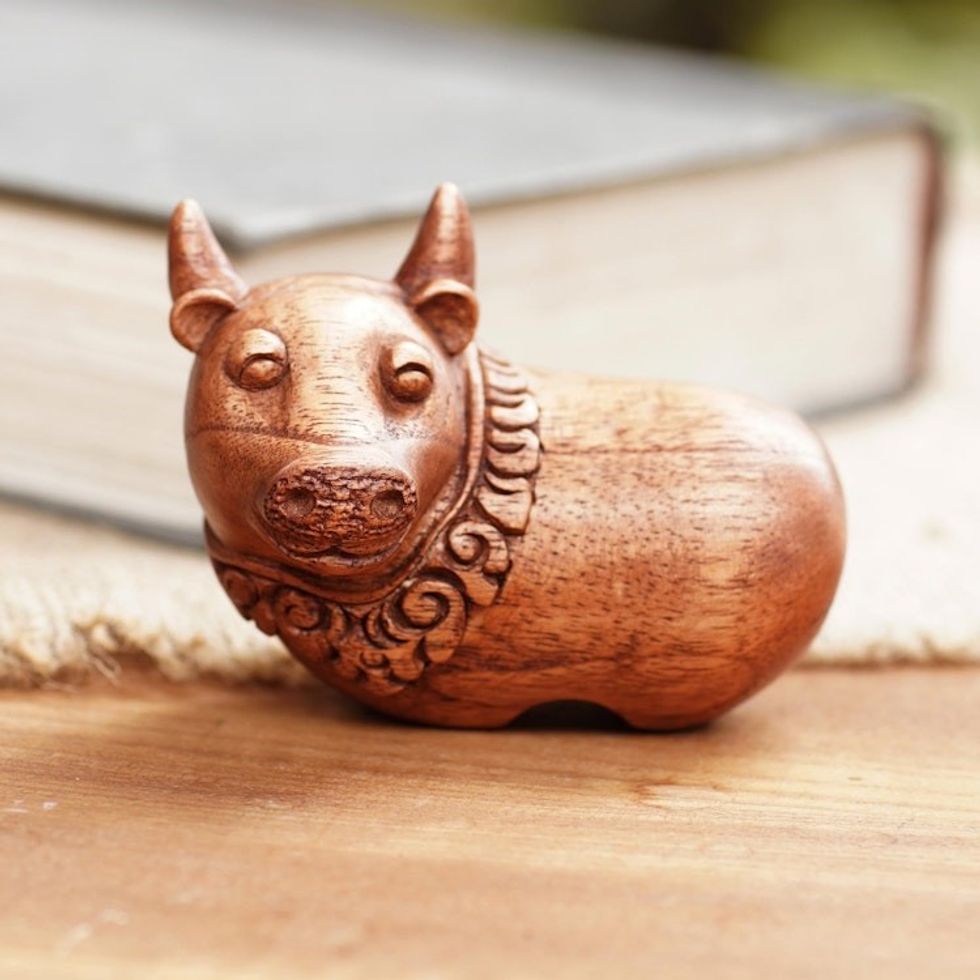 Handmade Suar Wood Newborn Calf Statuette 'Newborn Calf'