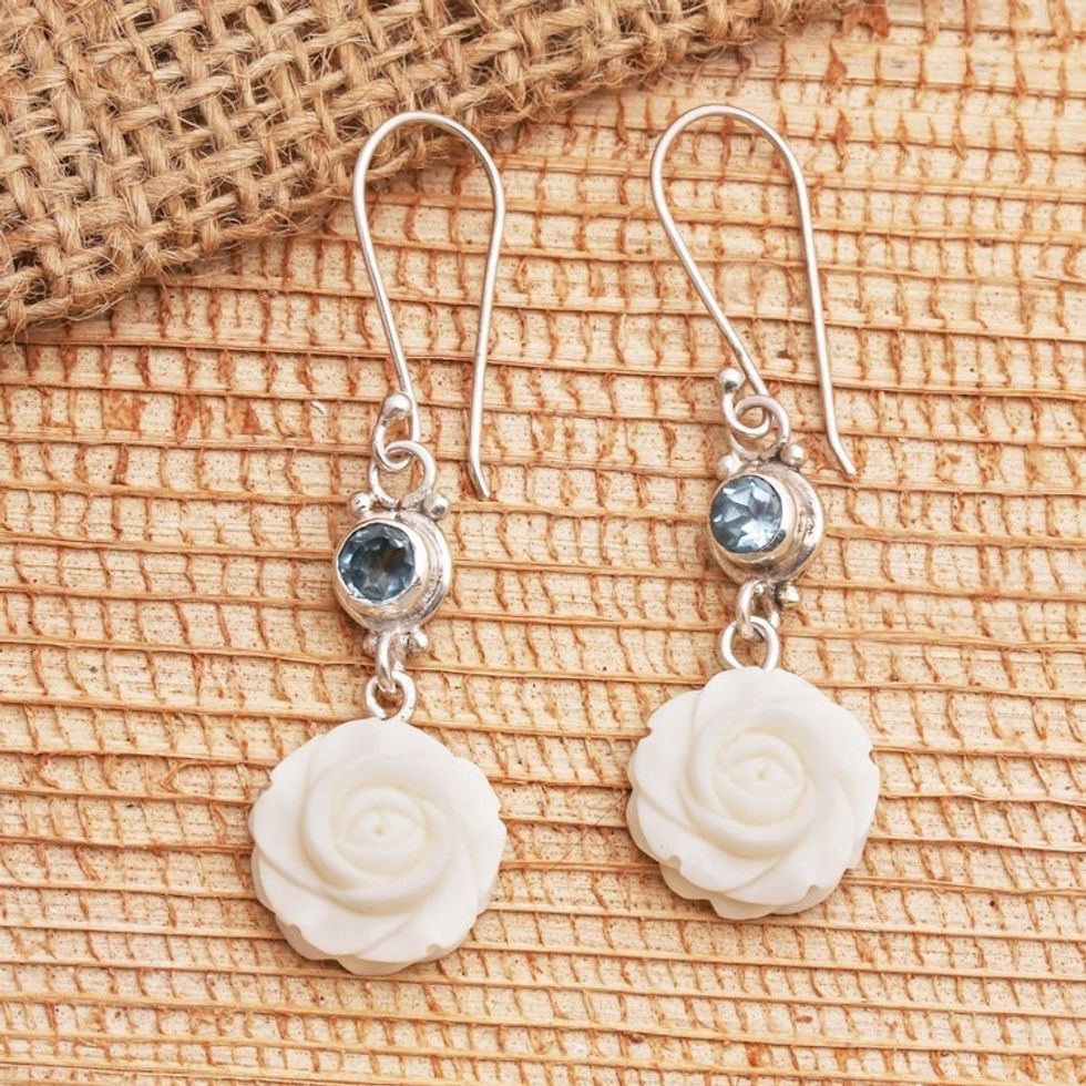 Blue Topaz and Sterling Silver Floral Earrings 'Growing Roses'