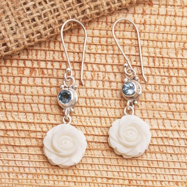 Alternate image for Blue Topaz and Sterling Silver Floral Earrings Growing Roses