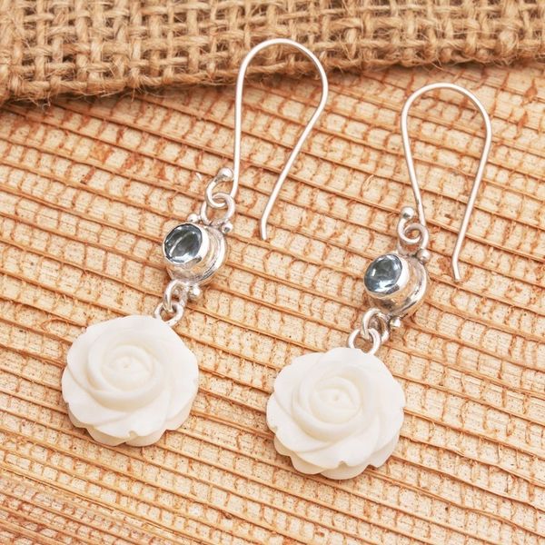 Alternate image for Blue Topaz and Sterling Silver Floral Earrings Growing Roses