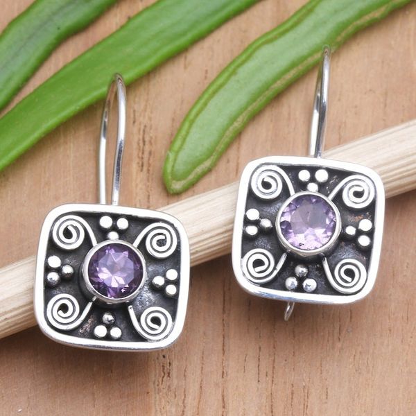 Alternate image for Hand Made Amethyst and Sterling Silver Drop Earrings Odysseys Edge in Purple