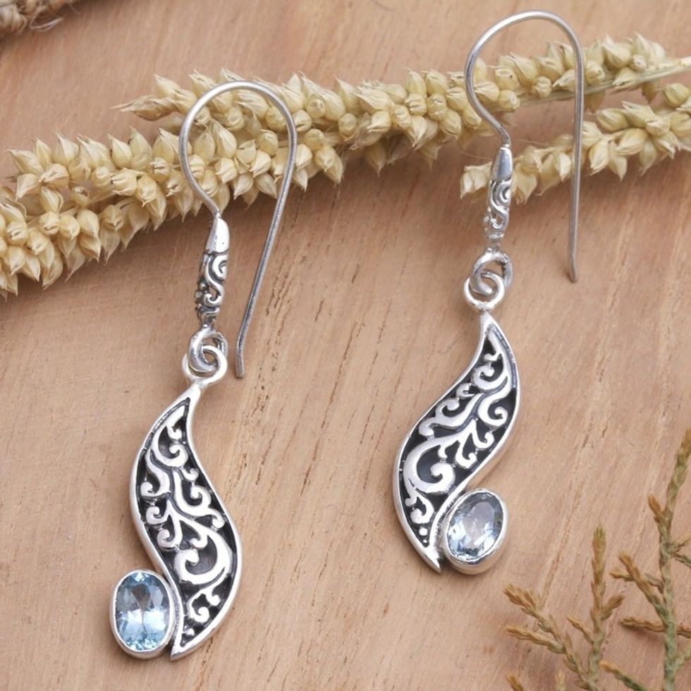 Blue Topaz and Sterling Silver Dangle Earrings from Bali 'Wave of Life'