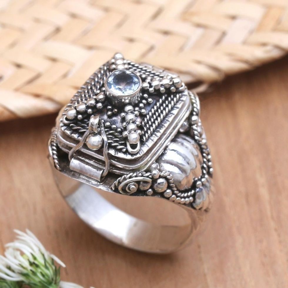 Blue Topaz and Sterling Silver Locket Ring 'Temple Memory'