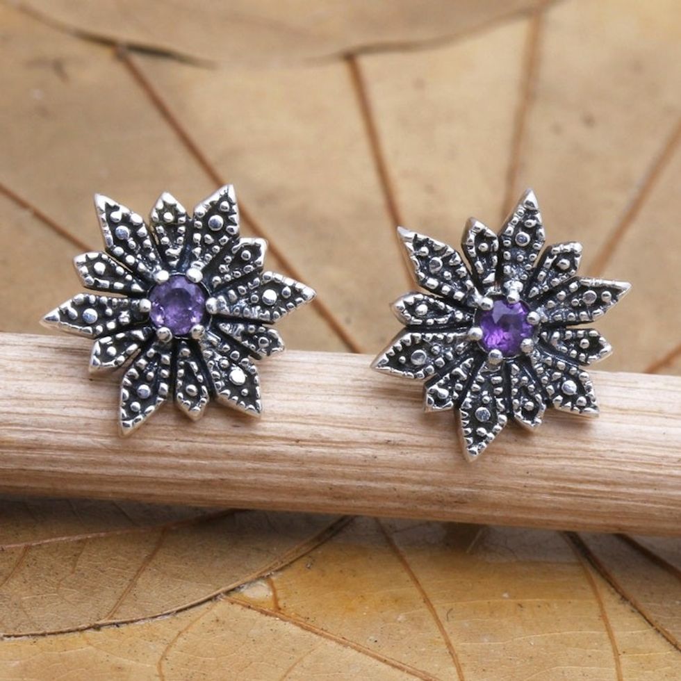 Sterling Silver and Amethyst Button Earrings 'Purple Horizon'