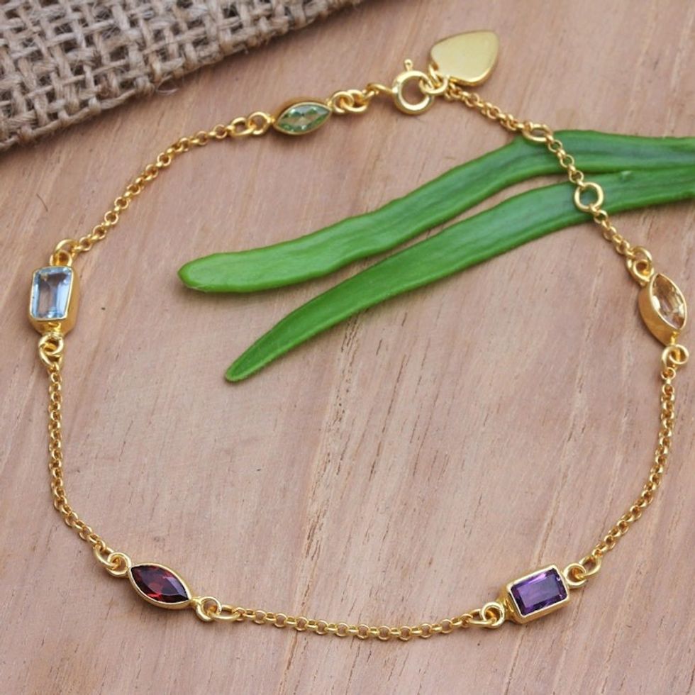 Gold-Plated Birthstone Station Bracelet from Bali 'Heaven's Rainbow'